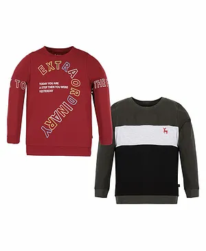 3PIN Pack Of 2 Full Sleeves Extraordinary Text Printed & Color Blocked Tees - Maroon & Black