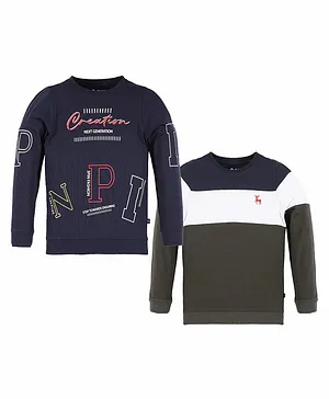 3PIN Pack Of 2 Full Sleeves Text Printed & Colour Blocked  Tees - Blue & Grey