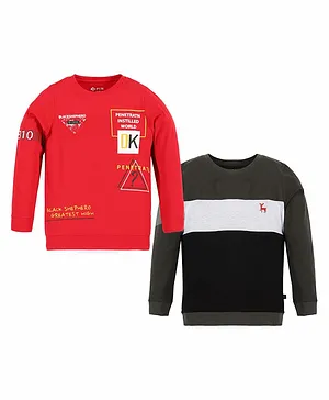 3PIN Pack Of 2 Full Sleeves Text Printed & Colour Blocked Tees - Red & Grey