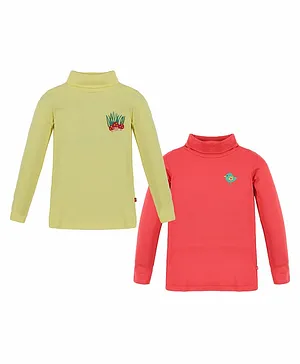 3PIN Pack Of 2 Full Sleeves Bird & Mushroom Embroidered High Neck Tees - Yellow & Red