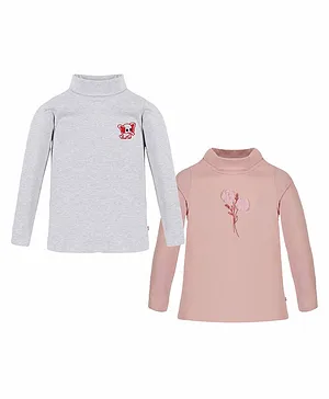 3PIN Pack Of 2 Full Sleeves Roses & Elephant Embroidered High Neck Tees - Pink & Grey