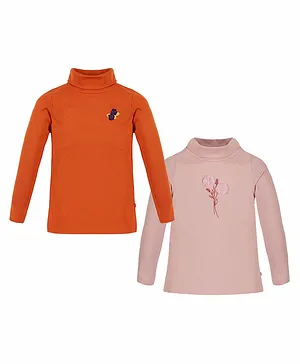 3PIN Pack Of 2 Full Sleeves Flowers Embroidered High Neck Tees - Orange & Pink