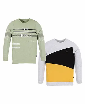 3PIN Pack Of 2 Full Sleeves Placement The Trend Text Printed & Colour Blocked Tees - Green & Yellow