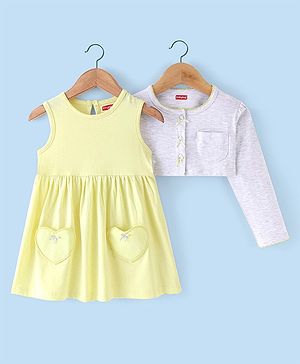 Babyhug 100% Cotton Knit Frock with Full Sleeves Jacket Solid Colour - Yellow