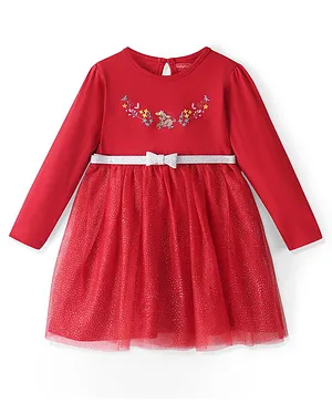 Babyhug Single Jersey Knit Full Sleeves Frock with Floral Embroidery & Bow Applique - Red