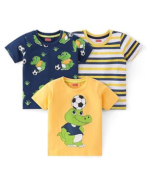 Babyhug 100% Cotton Knit Half Sleeves T-Shirts with Graphics Pack of 3 - Yellow Navy Blue & Grey