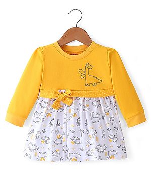 Babyhug 100% Cotton Single Jersey Knit Full Sleeves Frock Dino Print - Yellow