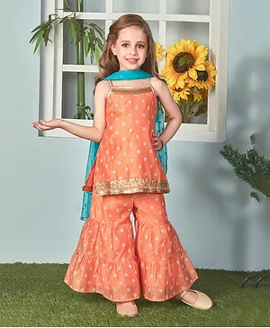 Lil Peacock Sleeveless Floral Designed & Sequin Lace Embellished Coordinating Kurta & Sharara With Dupatta - Peach