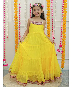 Lil Peacock Sleeveless Flower Detailed Sequin Embellished Flared & Tiered Dress - Yellow