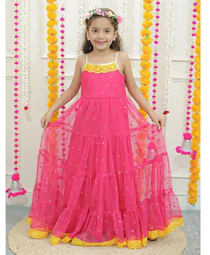 Lil Peacock Sleeveless Flower Detailed Sequin Embellished Flared & Tiered Strappy Dress - Fuschia Pink