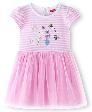 Babyhug 100% Cotton Knit Half Sleeves Frock Rabbit Embroidery - Pink