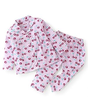 Babyhug Cotton Woven Full Sleeves Night Suit Berry Print - White