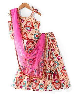 Babyhug Woven Sleeveless Choli With Foil Lehenga And Dupatta Floral Print - Pink & Brown