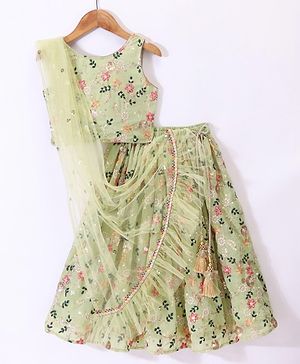 Babyhug Woven Sleeveless Choli With Lehenga & Dupatta Embroidery & Sequine Detailing - Green