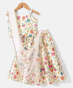 Babyhug Woven Sleeveless Choli With Foil Lehenga And Dupatta Floral Print & Embroidery - Cream