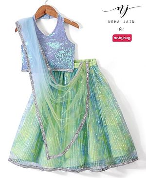 Babyhug Woven Sleeveless Embroidered Choli with Lehenga & Dupatta Sequince Detailing - Aqua Green