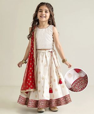 Babyhug Sleeveless Embrodered Choli with Brocade Lehenga and Dupatta - Off White & Red