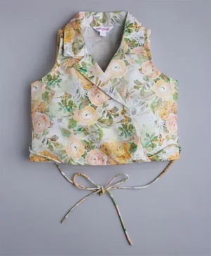 Taffykids Sleeveless Watercolor Effect Floral Printed Collared  Crop Blazer - Yellow