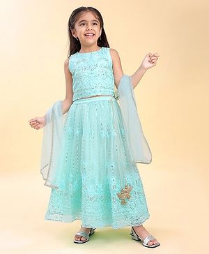 Babyhug Woven  Sleeveless Sequince Embroidered Choli with Lehenga and Dupatta - Aqua