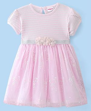 Babyhug Cotton Knit Half Sleeves Frock With Floral Applique Print - Pink