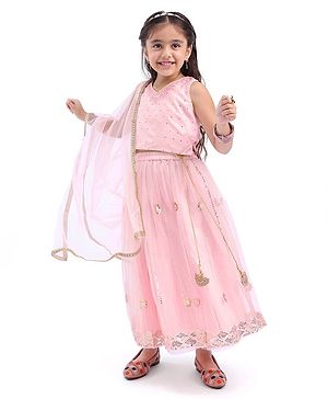 Babyhug Sleeveless Sequinned Embroidered Choli with Lehenga and Dupatta - Pink