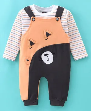 Jb Club Full Sleeves Striped Tee With Animal Face Detailed Sinker  Dungaree - Peach