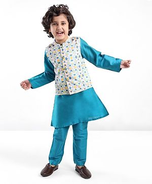 Babyhug 100% Cotton Full Sleeves Kurta & Pyjama Set With Jacket Pyramid Print - Blue