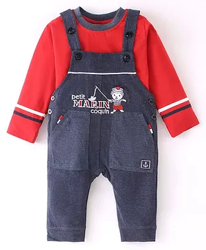 Jb Club Full Sleeves Solid Tee With Text Embroidered Dungaree Set - Red