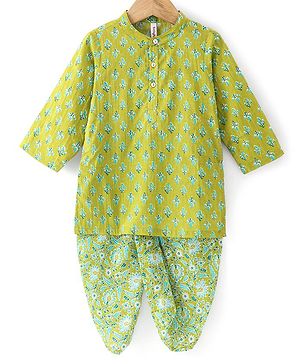 Babyhug 100% Cotton Knit Full Sleeve Kurta & Dhoti Set With Floral Print - Green