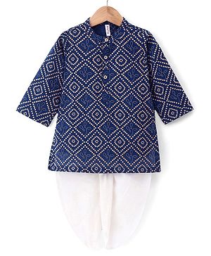Babyhug Cotton Woven Full Sleeves Banadhani Printed Kurta & Dhoti Set - Blue