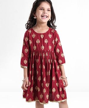 Babyhug Three Fourth Sleeves Ethnic Dress Leaves Foil Print - Maroon