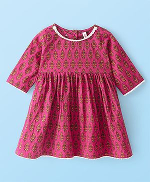 Babyhug Cotton Three Fourth Sleeves Ethnic Dress Floral Print - Fuschia