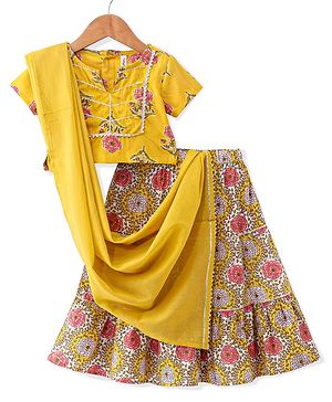 Babyhug 100% Cotton Woven Half Sleeves Choli & Lehenga with Dupatta Floral Print - Yellow