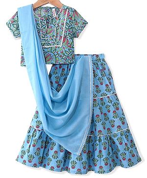 Babyhug  100% Cotton Woven Half Sleeves Floral Printed Choli Lahenga Set with Dupatta - Blue