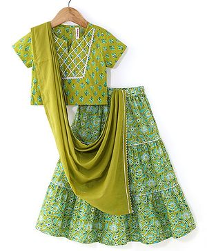 Babyhug Cotton Woven Half Sleeves Choli & Lehenga Set with Dupatta Floral Printed - Green
