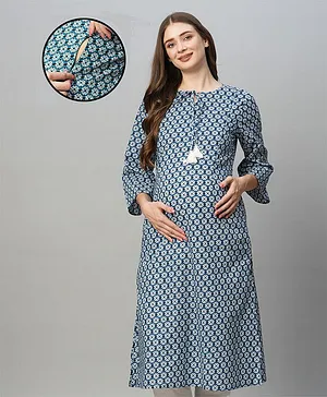 MomToBe Three Fourth Sleeves Seamless Floral Motif Printed Maternity Kurta With Concealed Zipper Nursing Access - Blue