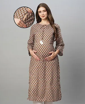 MomToBe Three Fourth Sleeves Seamless Floral Motif Printed Maternity Kurta With Concealed Zipper Nursing Access - Brown