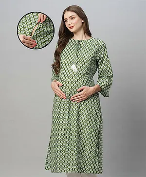MomToBe Three Fourth Sleeves Seamless Floral Motif Printed Maternity Kurta With Concealed Zipper Nursing Access - Green