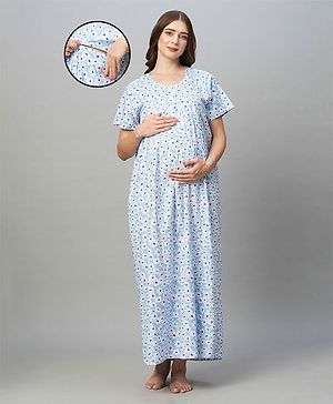 MomToBe Half Sleeves Seamless Flowers Printed Maternity Night Dress With Concealed Zipper Nursing Access - Blue