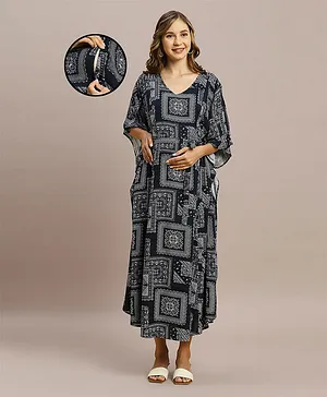 MomToBe Three Fourth Sleeves Intricate Floral Design Blocks Printed Maternity Kaftan Night Dress With Concealed Zipper Nursing Access - Navy Blue
