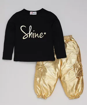 M'andy Full Sleeves Shine Text Printed Top With Shimmer Pant - Golden & Black