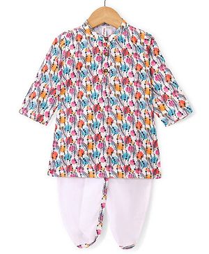 Babyhug 100% Cotton Woven Full Sleeves Feather Printed Kurta Dhoti Set -Multicolour