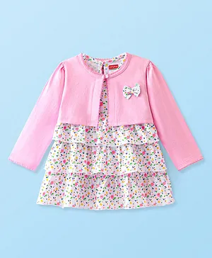 Babyhug Cotton Knit Frock with  Full Sleeves Jacket  Floral Print & Bow Applique - Pink
