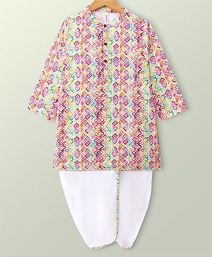 Babyhug 100% Cotton Woven Full Sleeve Abstract Print Kurta & Dhoti Set - Multicolour