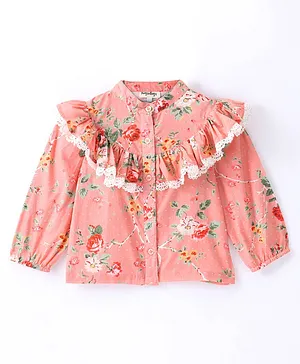 Hugsntugs Full Sleeves Seamless Flowers Printed & Frill Detailed Top - Coral Peach