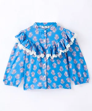 Hugsntugs Full Sleeve Flowers Printed & Contrast Lace Yoke Embellished Frill Detailed Top - Blue