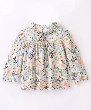 Hugsntugs Full Sleeve Seamless Botanical Flowers Printed & Pleated Neckline Detailed Top - White