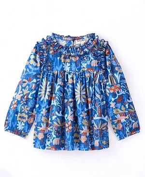 Hugsntugs Full Sleeve Seamless Flowers Printed & Swiss Dobby Work Detailed Ruffled Top - Blue