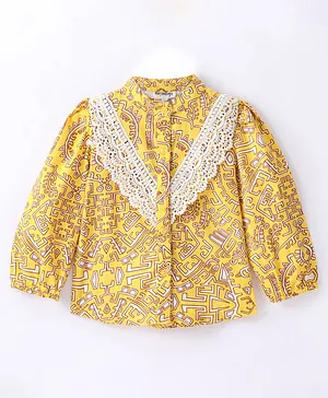 Hugsntugs Full Sleeves Seamless Geometric Design Printed & Lace Embellished Button Down Shirt Style Top - Yellow