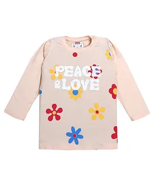 Forever Kids Full Sleeves Floral & Typography Graphic Puff Printed Tee -  Peach